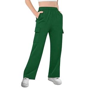 Girls Kids Cargo Sweatpants Wide Straight Leg Jogger Pants 5-14 Years (Green, 5-6 Years)