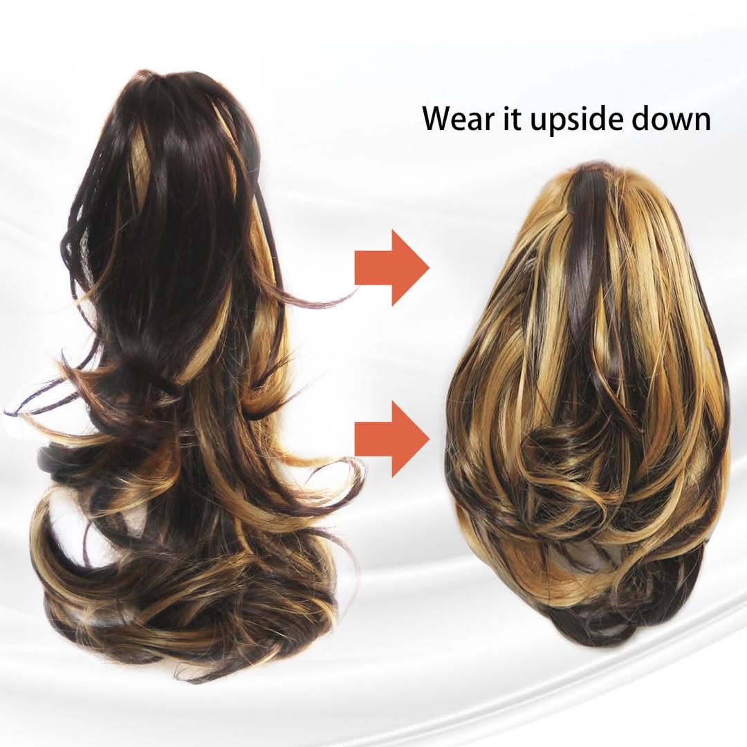 Short Claw Clip Ponytail Extension Drawstring Curly Fake Faux Jaw Balayage Hairpiece Hair Piece Wavy High Pony Tails Synthetic Heat Friendly Fiber for Women Girls Kids (12 Inch, 4/27)