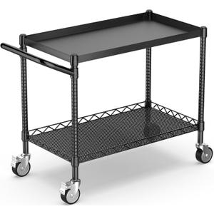 Leteuke 2 Tier Utility Cart with Wheels, NSF Certified 900LBS Capacity Heavy Duty Rolling Utility Carts with Handle Bar, Commercial Grade Metal Serving Storage Cart for Warehouse Garage Kitchen, Black (2-black)
