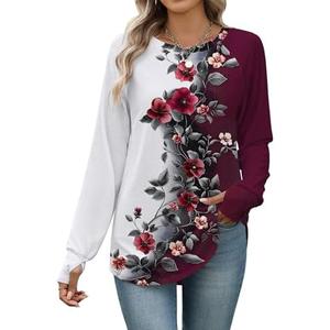 Zeagoo Women's Casual Long Sleeve Shirts Crew Neck Round Hem Loose T-Shirts Tunic Tops with Thumb Holes. Size Large, Burgundy/White