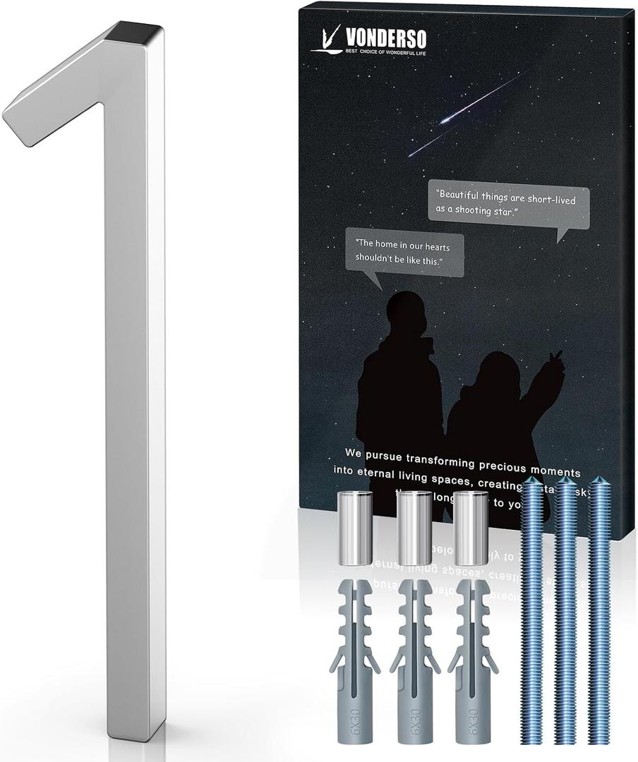 VONDERSO 5 Inch Floating House Numbers and Letters for Outside,Silver Metal Modern Outdoor Address Sign for Yard Street and Mailbox, Zinc Alloy Solid Address Numbers and Letters,Number 1