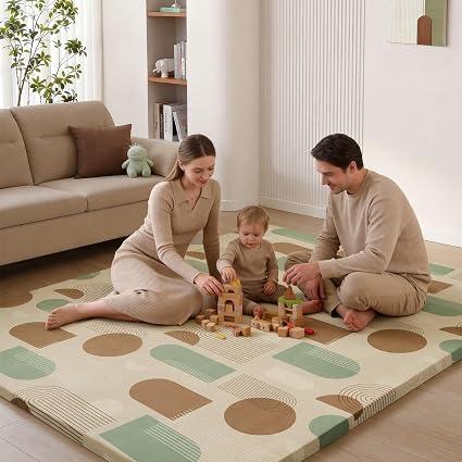Blissful Diary 1.3" Thick Baby Play Mat, 71x59 Playpen Mat with Removable & Washable Cover, Ultra Soft Crawling Rug for Floor, Foam Cushion & Non-Slip Backing for Kids, Toddlers, Earth Tone Rainbow