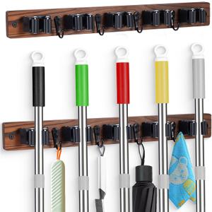 2 PACK Broom Holder Wall Mount With 5 Slots & 4 HooksRustic Wood Broom & Mop HangerWall Mounted Garden & Garage Tool Storage Organizer Rack for Closet Laundry Room or Kitchen Wall Decor