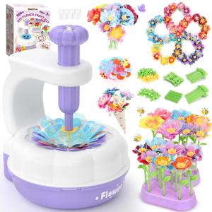 GirlsHome 300+PCS Fabric Flower Bouquets Toys, DIY Flower Making Kit for Kids, Reusable Arts and Crafts for Kids, 2 Gameplays STEM Educational Preschool Toy, Birthday Gifts for 3 4 5 6 7 8+ Years Old (White Purple)