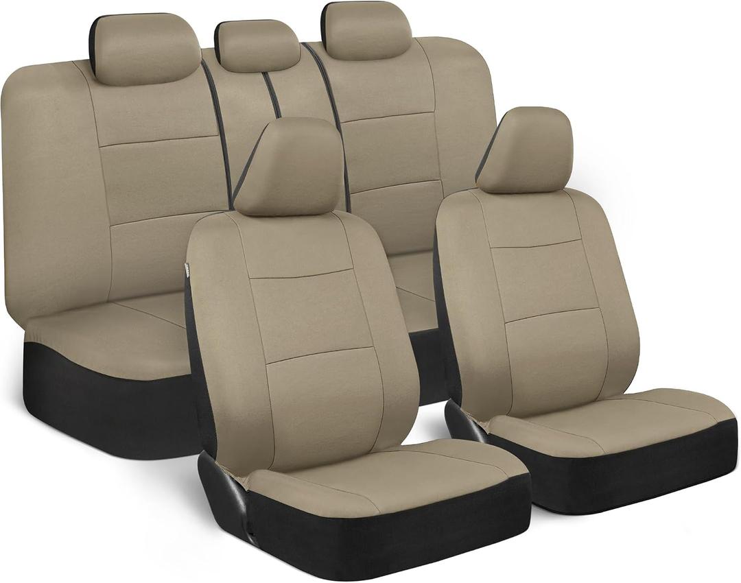BDK PolyPro Car Seat Covers Full Set in Solid Beige, Front and Rear Split Bench Seat Covers for Cars, Easy to Install Car Seats Cover Set and Accessories for Auto Trucks Van SUV - Solid Beige