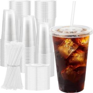 100 Pack 20 oz Plastic Cups with Lids and Straws, Sturdy Food Safe Iced Clear Coffee Cups Disposable Smoothie Cups for Cold Drinks
