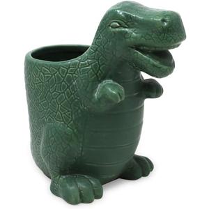Isaac Jacobs Green Ceramic Dinosaur Cup, Toothbrush Holder, Multi-Purpose Organizer,  Great for Toiletries, Bathroom, Kitchen, Crafts, Desk, Novelty Bathroom Accessory (Single Cup, Green)
