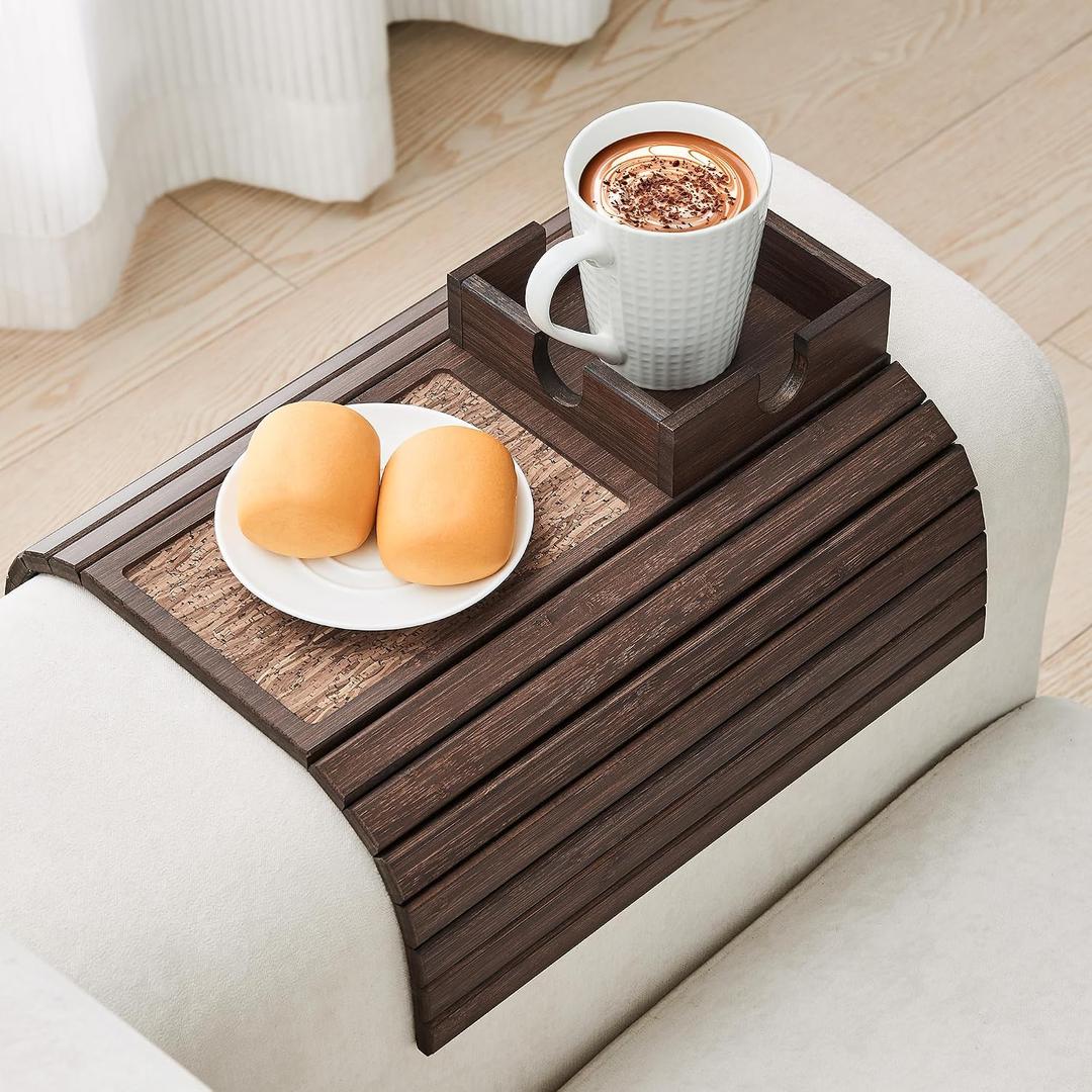LOVYANXUE Bamboo Sofa Arm Tray Table, Foldable Couch Cup Holder, Anti-Slip Wide Couch Arm Tray Aremrest Table for Drink, Cup, Remote, Snacks, Cellphone, Portable, Brown
