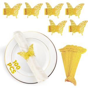 100 Pcs 3D Gold Butterfly Iridescent Napkin Rings Silverware Wraps Bands,Table Setup Sequined Wedding Valentines Day Event Party Supply Settings, Glossy Serviette Buckles Decoration(Gold)