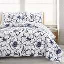 Lush Decor Scandinavian Floral Quilt King Size Reversible 3 Piece Set Navy & White - Floral Bedding Set King Quilt - White Bedding - Cottage Core Decor