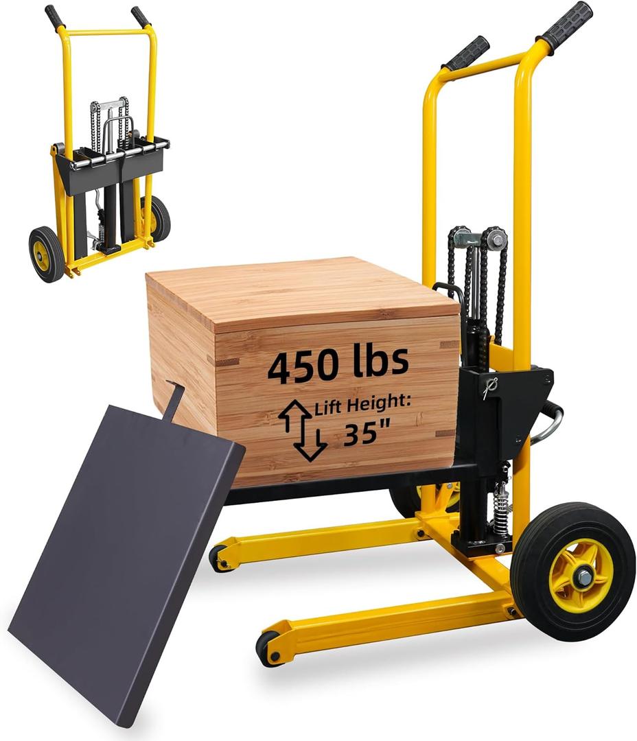 Foldable Hydraulic Material Lift Dolly, 450lbs Lift Table Cart, Pallet Stacker Winch Stacker, Forklift with 35" Lift Height, Pallet Truck Dolly, Pallet Jack, Steel Platform x 1