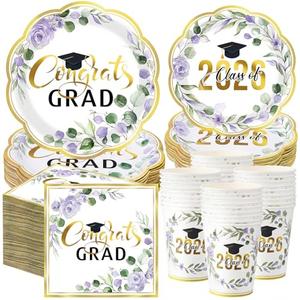 Pickmesh 250 Pcs Class of 2026 Graduation Party Supplies for 50, Purple Gold Floral Congrats Grad Paper Plates Napkins Cups Disposable Graduation Party Tableware Set for Grad Table Decoration