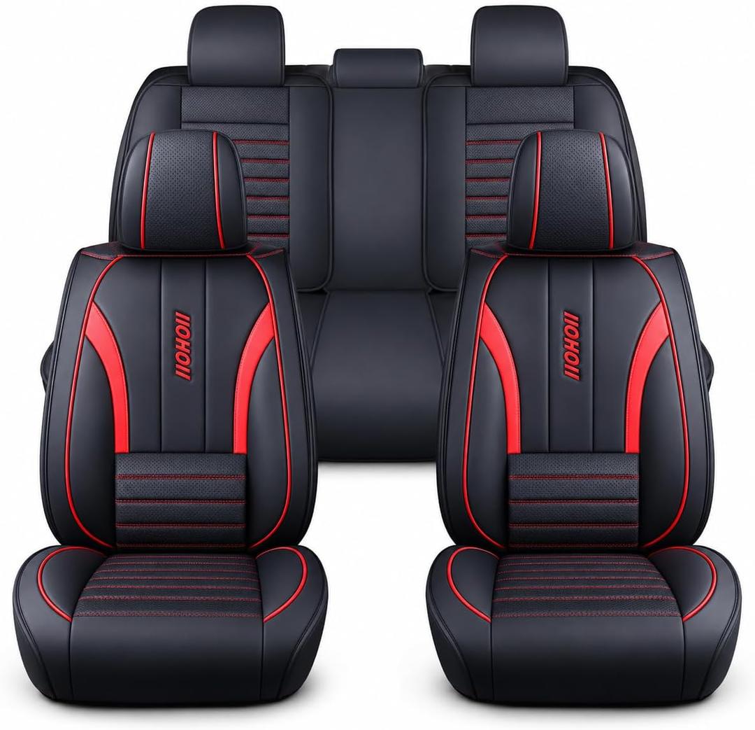 PU Leather Car Seat Covers Full Set, Airbag Compatible Automotive Seat Protectors, Waterproof & Non-Slip Universal Fit for Cars, Trucks, SUVs (5-Piece ,Red)