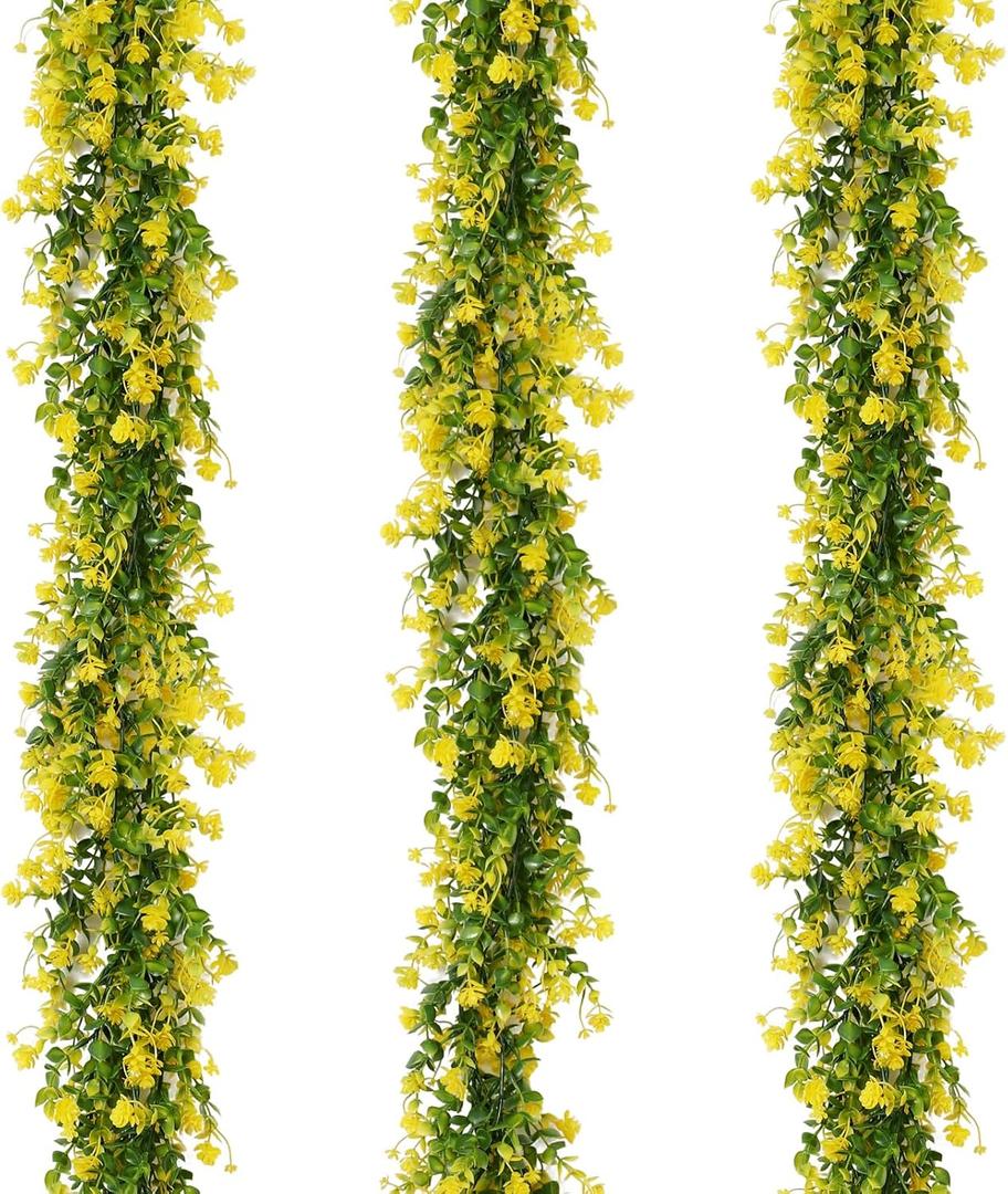 RECUTMS Hanging Garland Plants Artificial Eucalyptus Garland Fake Hanging Eucalyptus Leaf Garlands with Flowers Faux Vine Plants for Indoor Outdoor Spring Thanksgiving Wall Arch Wedding Decor(Yellow)