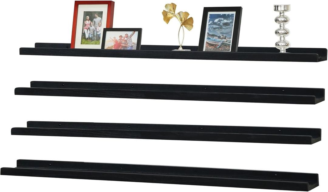 Picture Ledge Shelf,47" Long Floating Shelves with Lip Set of 4,Rustic Photo Frames Shelves Vinyl Record Book Storage Display for Living Room Kids Nursery Bedroom Kitchen Bathroom(Black)
