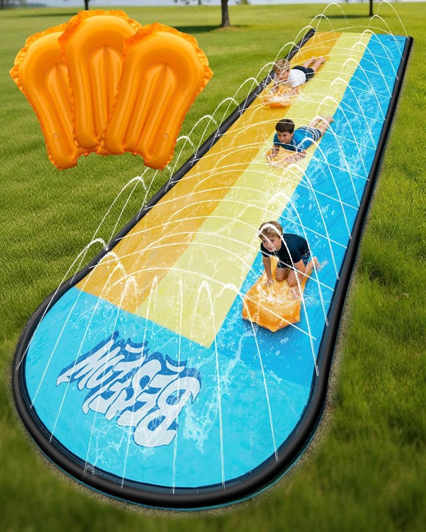 Slip and Water Slip,Water Slide for Kids Backyard 22ft*3 Lane Color-Block,Surrounding Sprinkler Summer Toys for Kids Outdoor with 3 Bodyboards, 22ft-Triple Lane