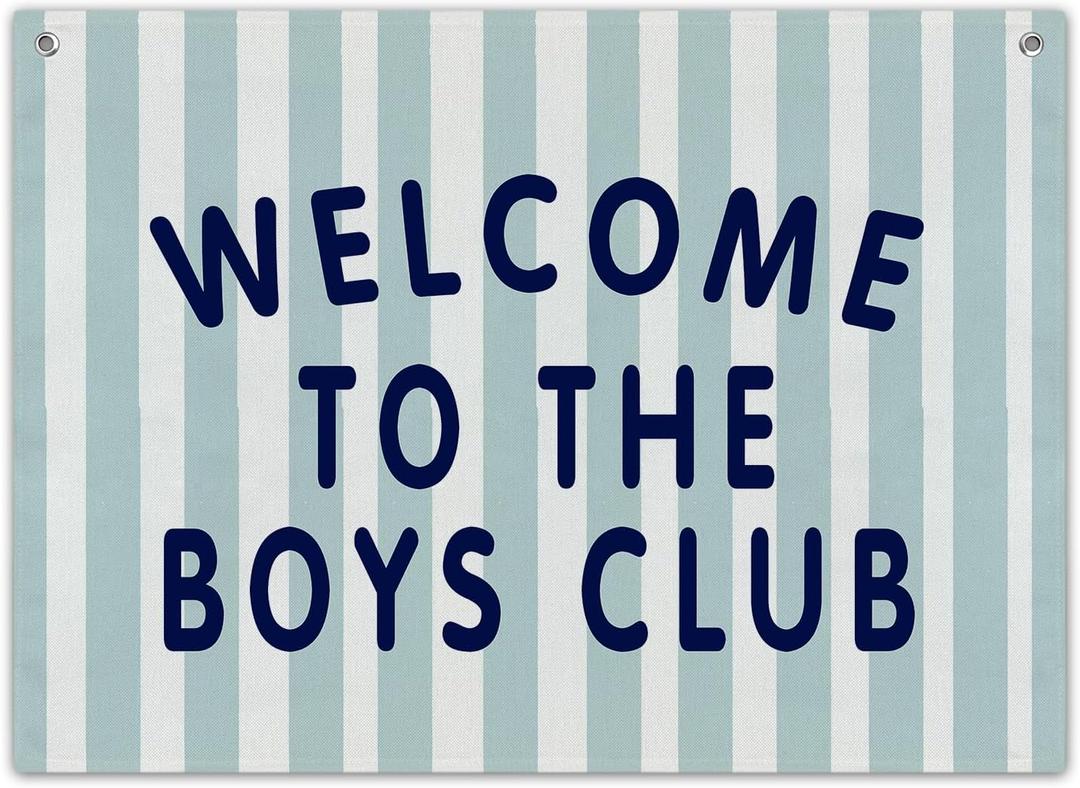 Boys Playroom Decor, Welcome To The Boys Club Linen Canvas Banner, Blue Striped Wall Hanging Flag for Toddler Room Nursery Classroom, 20x30 Inch -A21