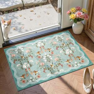 jinchan 2x3 Floral Entryway Rug Soft Washable Kitchen Rug Oriental Non Slip Small Low Pile Chinoiserie Indoor Entrance Lightweight Flower Throw Carpet for Bathroom Entry Laundry Room, Turquoise Blue