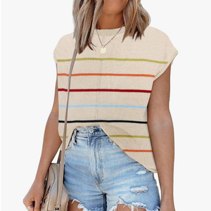 Waffle Knit Sweater Shirts for Women Cap Sleeve Summer Tops Basic Tank Tops, L