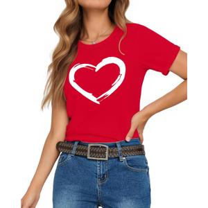HERLOLLYCHIPS Women Cute Heart Graphic Crewneck Short Sleeve Regular Fit Casual Tee T-Shirts Tshirt Tops (Large, B Red)