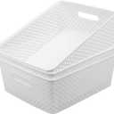 MaxGear Organization and Storage 3 Packs, Plastic Bins Organizer Bins, Woven Baskets for Storage, Plastic Baskets with Handles, White Basket for Organizing, Basket Organizer for Home and Office, Large