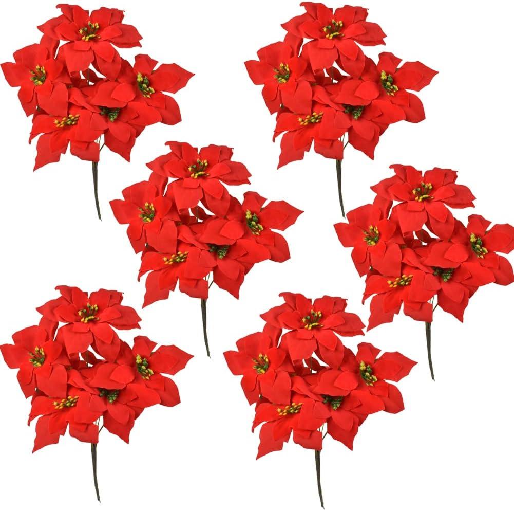 Christmas Artificial Poinsettia Flowers 6Pack Silk Red Poinsettia Artificial Bushes Red Christmas Flowers 7 Heads Velvet Poinsettia Floral Bouquet with Stem for Party Home Holiday Decoration