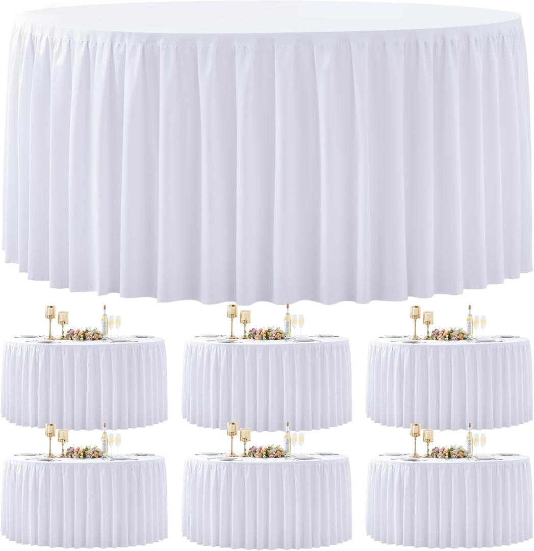 6 Pack White Round Tablecloth 60 inch Stretch Spandex Fitted Table Cloth 5FT Round Banquet Tablecloths Wrinkle Free Table Cover Stitch Circle Tablecloth with Ruffle Skirt for Party Wedding Birthday