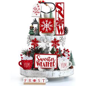 Jetec 12 Pieces Winter Tiered Tray Decor Set Snowflake Wooden Sign Let It Snow Table Decorations Farmhouse Coffee Bar Signs Tray Decor for Home Kitchen Tabletop(Red)