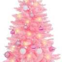 Sunshine Pink Christmas Tree with Light 4ft Artifical Full Christmas Tree with Ball & Star Ornaments 8 Lighting Modes for Holiday Decor