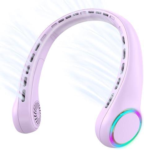 GULAKI Portable Neck Fan, Personal Fan with 4000mAh Battery, Rechargeable Neck Fan with 3 Speeds and 64 Cool Lights, Birthday Gifts for Men Women Mom Dad, Hands Free Cooling fan for Summer(Purple)