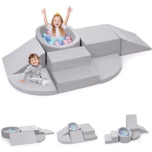 Rinnebbit 7-Piece Foam Climbing Blocks for Toddlers, Baby Climb and Crawl Soft Play Set with Ball Pit, Machine Washable Cover, Indoor Activity Play Structure, Climbing Toys for Toddlers 1-3 (Gray)