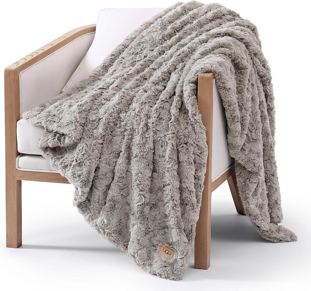 UGG Adalee Faux Fur Throw Blanket Luxury Lightweight Cozy Soft Throw for Couch Bed or Chair Hypoallergenic Machine Washable Double-Sided Fluffy Blanket Home Decor, 50-inch x 70-inch, Seal Grey