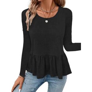 Women's Casual Crewneck Long Sleeve Ruffle Hem Peplum Babydoll T-Shirt Tee Top (Medium, Black)