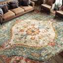 8x10 Rug, Washable Vintage Boho Carpet, Non Slip Low Pile Water Repellent Soft Print Pattern Indoor Rug for Living Room & Bedroom, Beige Red Green