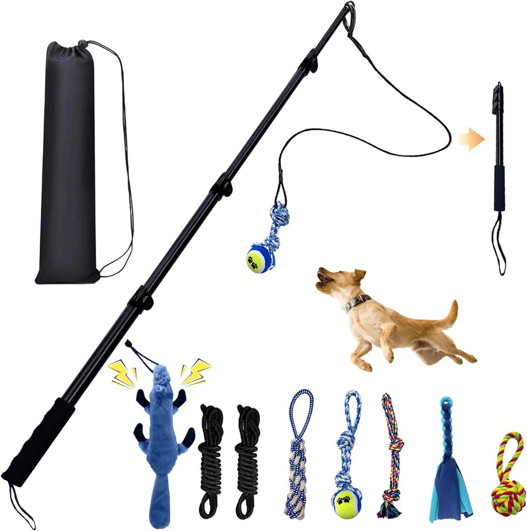 Flirt Pole for Dogs, Interactive Toys Tug-of-war for Dogs, Four-Section Retractable Adjustable Length, Chase Toys with Rope Chewing Sticks, for Outdoor Exercise & Training (50Inch Pole-Black)