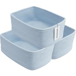 Small Woven Storage Baskets 13X9X5 Decorative Rope Bins for Organizing Shelves, Closets, and Toys, Empty Gift Baskets, Cute Organizer Basket for Home and Office (Blue, Large)