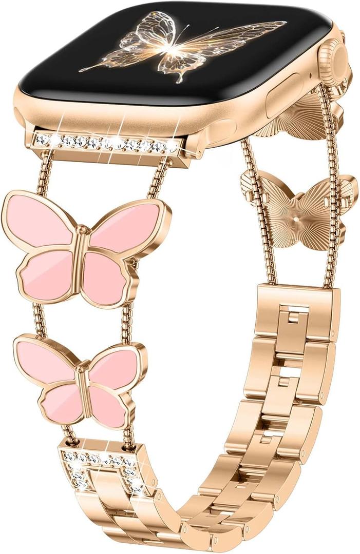 Band Compatible with Apple Watch Bands for Women Metal Rose gold 38mm 40mm 42mm 41mm, Dressy Fancy Slim Wristband Thin Metal Strap for iWatch Series 10 9 8 7 6 5 4 3 SE 2 1, Pink