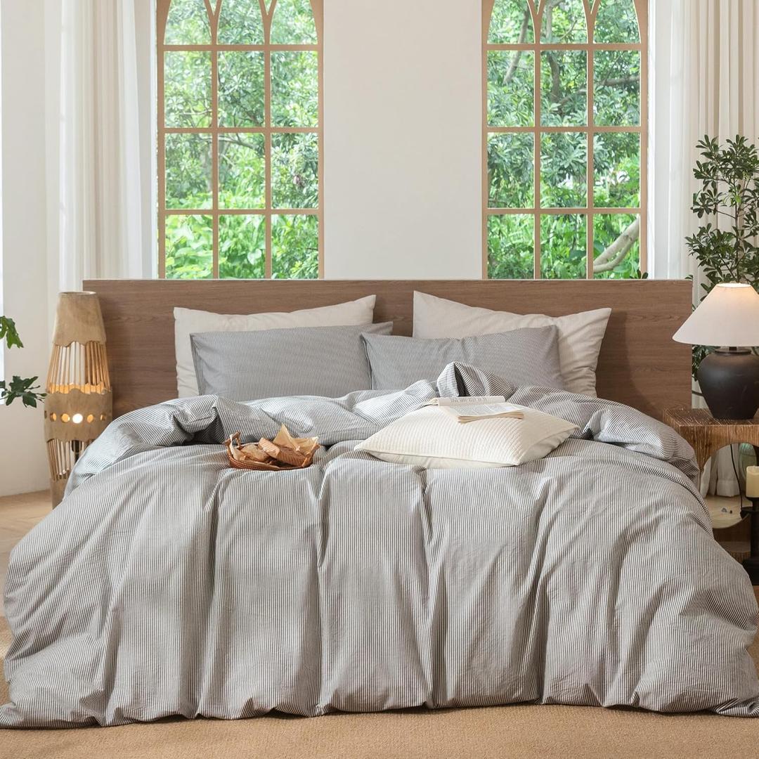 MooMee Striped Duvet Cover Set 100% Washed Cotton Linen Like Textured Breathable Durable Soft Comfy (Dark Grey White Pinstripes, King 104"x90")
