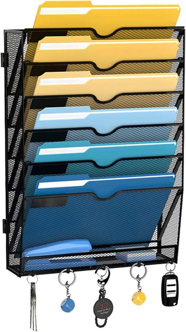 SUPEASY 7-Tier Mesh Wall File Holder, Hanging Wall File Organizer, Office Organization for Papers, Mails, Folders, Files Clipboard Magazine Rack, Black
