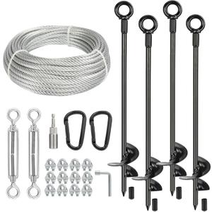 4 Pcs 30" Long Ground Anchors Shed Anchors Kit with 3/16" Galvanized Cable & Turnbuckles & Carabiners, Heavy Duty Earth Anchors for Sheds Trees Trampoline Greenhouse Swing Set Tent