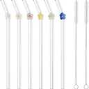 DUMING-IN 6 Pcs Reusable Glass Straws with 2 Cleaning Brushes, Cute Colorful Flower Glass Straw Shatter Resistant, Reusable Straws Dishwasher Safe for Smoothies, Milkshakes, Juices, Teas