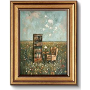Devunaty Vintage Gold Framed Wall Art for Living Room, Whimsical Book Lover Wall Decor Aesthetic, Country Flower Field Canvas Print Painting, Rustic Farmhouse Book Pictures for Bedroom Library 12"x16" (Open-Air Library)