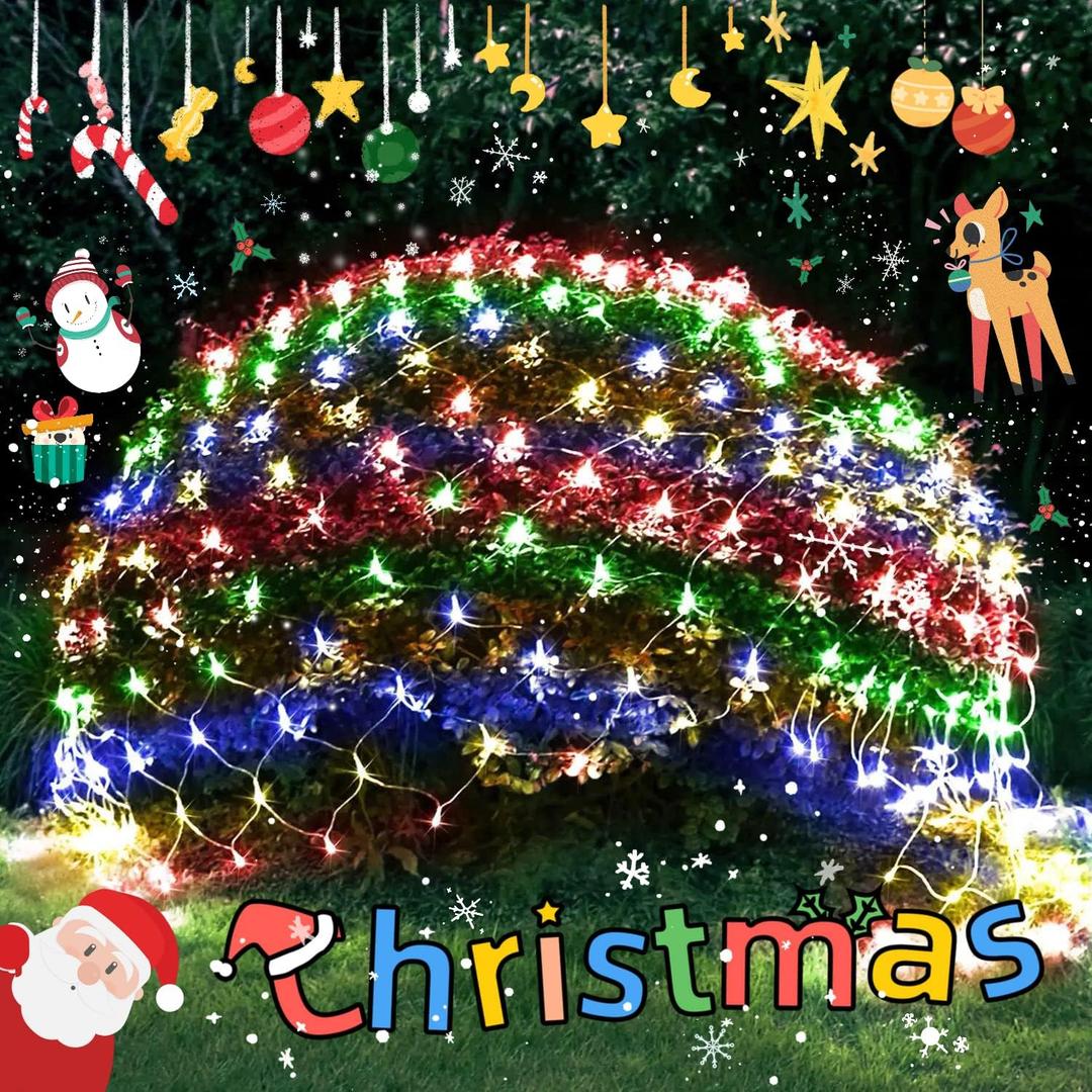 JMEXSUSS 200 LED Christmas Net Lights Plug in, 8 Modes 9.8ft x 6.6ft Net Lights Outdoor Mesh Light, Waterproof Bush Light for Outside Garden Lawn Yard (Multicolor)