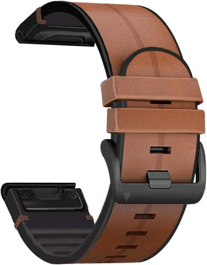 Abanen Watch Band for Garmin epix Pro 51mm / Fenix 8 51mm / Instinct 3 50mm, Quick Fit Soft Genuine Leather Hybrid Silicone Sweatproof Wristband Strap for Fenix 7X/6X/5X,Instinct 2X,Enduro (Brown)