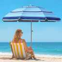 7ft Heavy Duty High Wind Beach Umbrella Parasols with sand anchor & Tilt Sun Shelter, UV 50+ Protection Outdoor Sunshade Umbrellas Carry Bag for Patio Garden Pool Backyard Stripe Blue