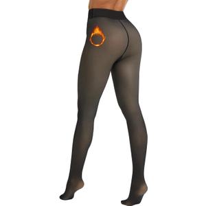 A+ Choice Fleece Lined Sheer Tights Women, Black Skin Translucent Leggings Thermal Pantyhose Warm Stockings Tall (Black, L)