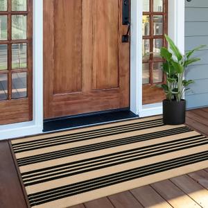 OJIA Front Door Mat 24"x51", Machine Washable Porch Rug Outdoor Door Mat Striped Entryway Rugs Indoor Outdoor Rugs Cotton Woven Entry Rug for Kitchen/Bathroom/Farmhouse/Home Entrance (Tan/Black Stripe)