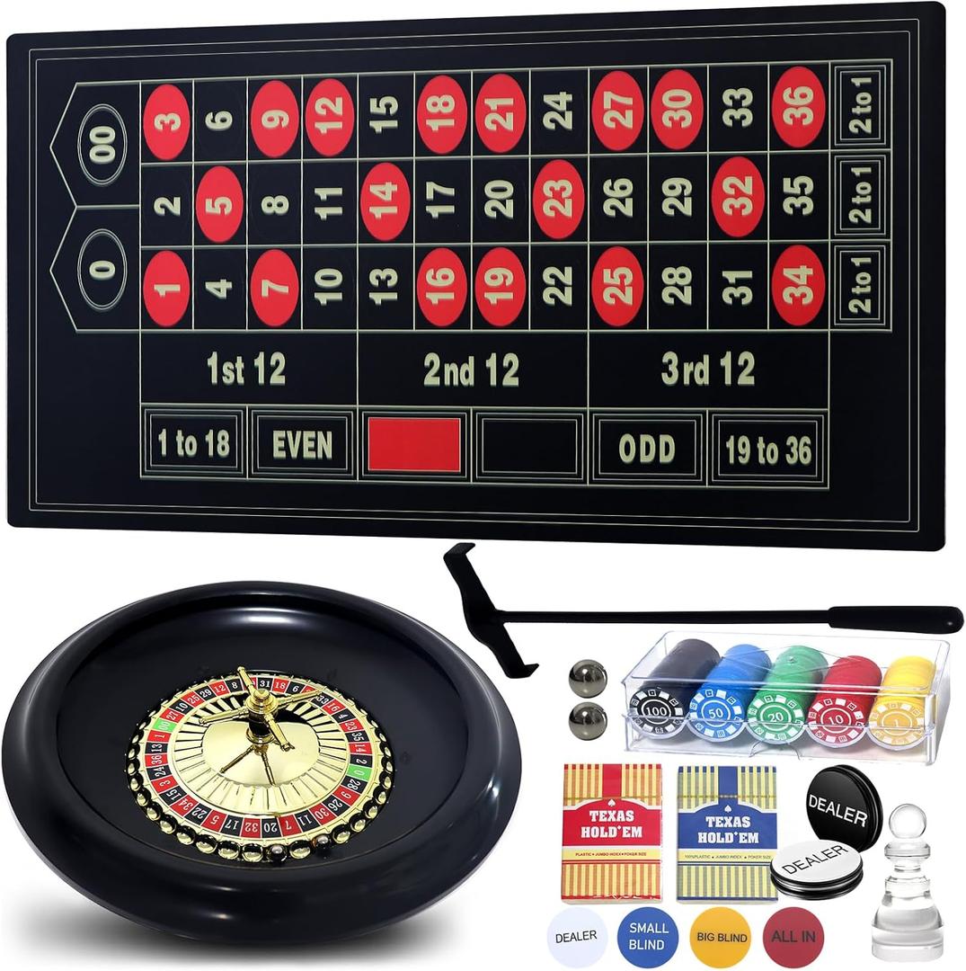 16 Roulette Wheel Set for Adults, Roulette Table and Wheel, Casino Games with 16 Roulette Wheel, 47 x 24 Felt Casino Mat, 100pcs Poker Chips, 2 Roulette Balls, 2 Decks of Poker Cards Dealer Button