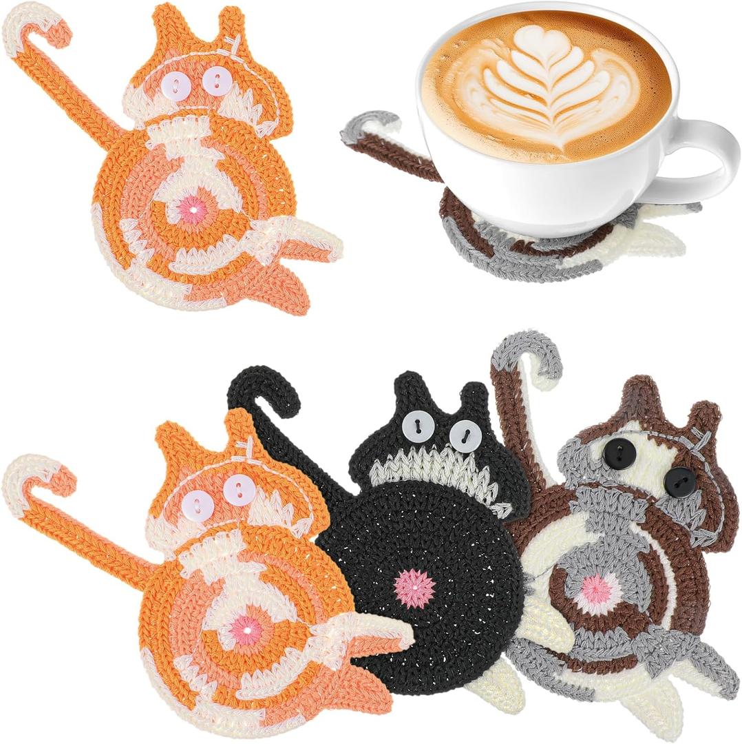 6 x Nogeqi 3 Pcs Woven Coasters Creative Cute Cat Coaster for Desk at Work Knitted Funny Cat Gift Cute Coaster Set Funny Coasters for Drinks Tea and Coffee Coasters Gifts for Cat Lovers Women Table