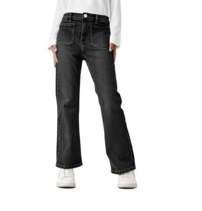 Haloumoning Girls High Waisted Jeans Straight Leg Stretch Demin Pants Cute Casual Trousers with Pockets Black 130